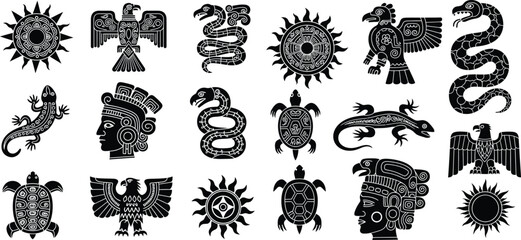 Ancient Mesoamerican symbols featuring suns, eagles, serpents, and human profiles in tribal style