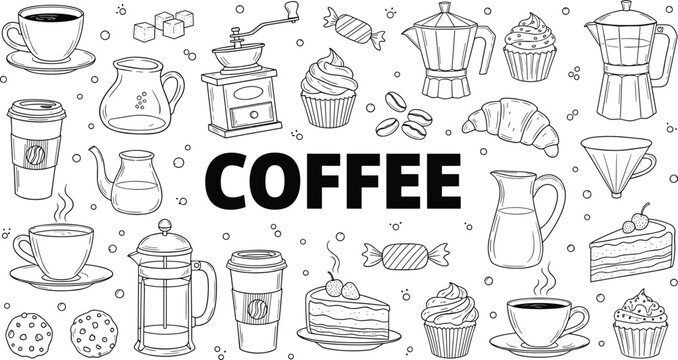 Hand Drawn Coffee and Bakery Elements Vector Doodle Set Outline Illustration for Cafe Menu Design - Powered by Adobe