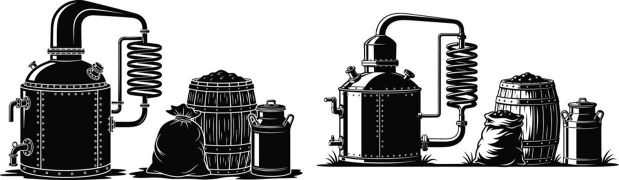 Alcohol distillery equipment with traditional still, condenser, barrels, sacks, and cans for spirit production