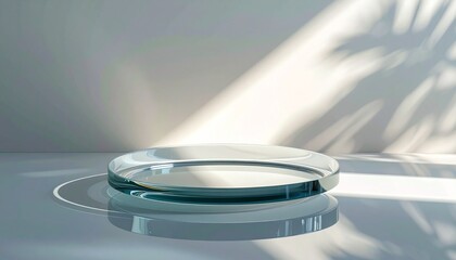 A glass jewelry tray with reflections placed on a minimal surface. The soft background brings elegance and clarity.