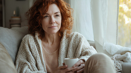 Cozy woman relaxing with a warm drink by soft daylight in a peaceful home interior