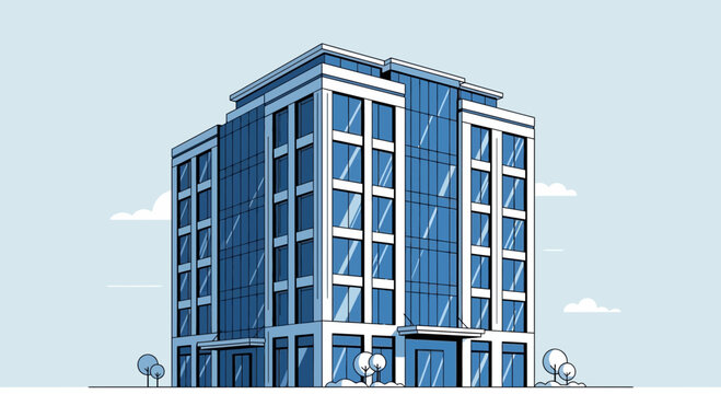 Modern blue business building illustration against a white sky, representing corporate structure
