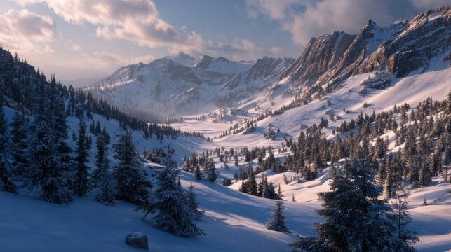 A breathtaking view of a mountain valley dusted with snow and dotted with decorated evergreen trees, morning light,