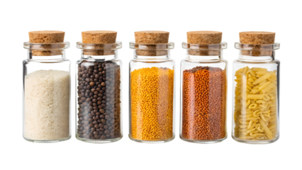 Five Small Glass Jars of Assorted Grains, Spices, and Pasta with Cork Lids