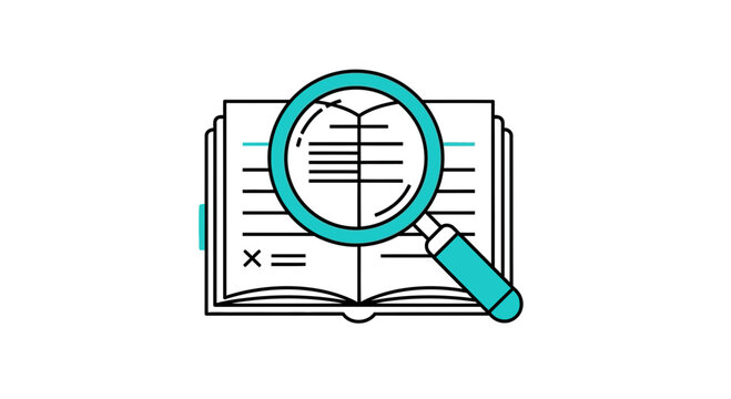 Minimalist line art icon of a magnifying glass over an open book, symbolizing detailed research, study, and information analysis
