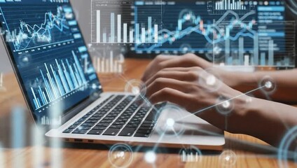 Hands typing on a laptop, with a digital overlay of financial charts, data graphs, and analytical visualizations, symbolizing modern business intelligence and tech - Powered by Adobe