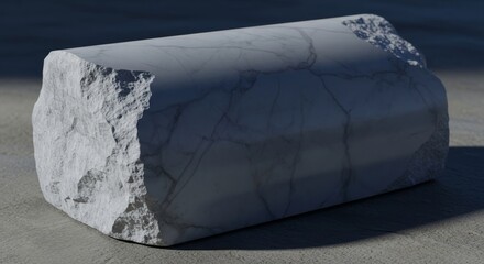 A marble block with rough edges rests on a concrete surface under strong lighting casting a shadow The marble exhibits gray veining