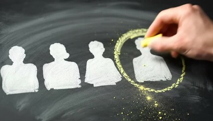 A hand uses yellow chalk to draw a circle around one of several white human silhouette figures on a black chalkboard, symbolizing selection, recruitment, or choosing the right candidate