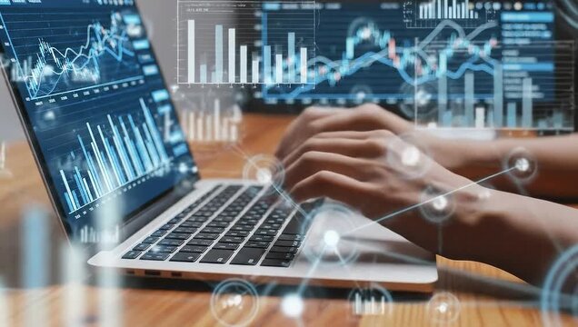 Hands typing on a laptop, with a digital overlay of financial charts, data graphs, and analytical visualizations, symbolizing modern business intelligence and tech