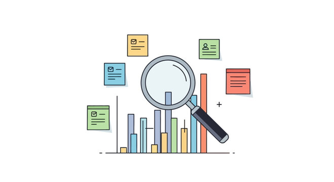 Visualizing data analysis, market research, and strategic business intelligence with a magnifying glass over a statistical bar chart, symbolizing insight generation and comprehensive evaluation