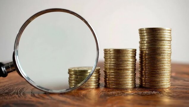 A magnifying glass is placed on a wooden table next to three increasing stacks of shiny gold coins, symbolizing financial growth, investment analysis, and wealth management - Powered by Adobe