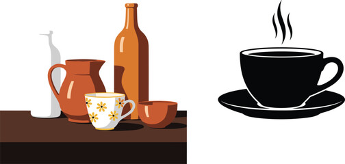 Hot Coffee Cup and Saucer Black Silhouette Vector Icon Illustration Next to Still Life Objects