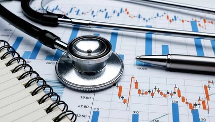 A stethoscope, a pen, and a spiral notebook are arranged on a document featuring financial charts and graphs, illustrating the intersection of healthcare and economic analysis - Powered by Adobe