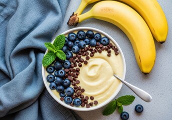 Delicious and healthy banana smoothie bowl topped with fresh blueberries and mint