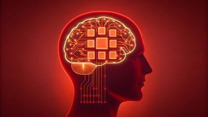 Human head with glowing digital brain and circuits representing advanced artificial intelligence
