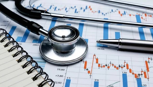 A stethoscope, a pen, and a spiral notebook are arranged on a document featuring financial charts and graphs, illustrating the intersection of healthcare and economic analysis - Powered by Adobe
