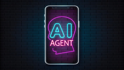 Neon ai agent design glowing on smartphone screen for modern technology concept
