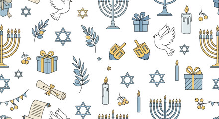 A festive pattern featuring Hanukkah symbols, including menorahs, dreidels, and Stars of David.