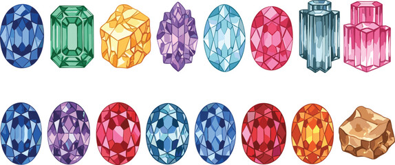 Set of colorful gemstones and raw minerals, brilliant cut and polished jewels, vector illustration for luxury, jewelry, magic, and treasure design concepts.