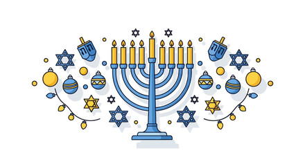 A festive Hanukkah illustration featuring a blue menorah surrounded by dreidels, Star of David ornaments, and string lights.