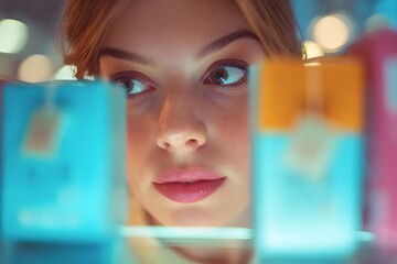 Young woman looking at glowing screens with colorful lights in the background