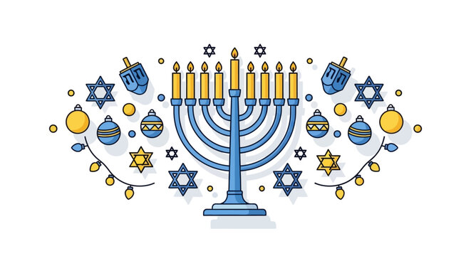 A festive Hanukkah illustration featuring a blue menorah surrounded by dreidels, Star of David ornaments, and string lights.