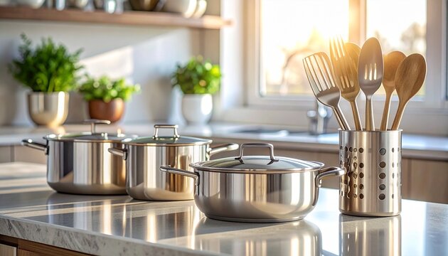 Stainless steel kitchen utensils arranged neatly on a modern countertop