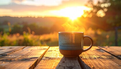 A ceramic coffee mug on a wooden table with beautiful morning sunlight coming from behind. Warm tones in the background create a cozy lifestyle atmosphere