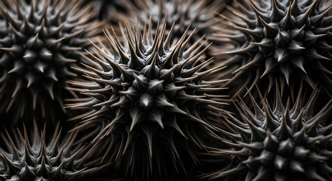 Extreme close-up macro shot of dark spiky burrs or seed pods creating an abstract thorny texture. Scientific detail highlighting sharp defensive spines and biological complexity.