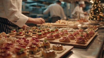 A bustling commercial kitchen showing chefs preparing hundreds of intricate Christmas appetizers and canap?(C)s,