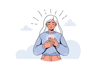 Woman finds inner peace with hands on heart radiating positive energy