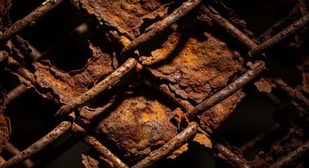 Close-up photo of heavily rusted metal chain link fence or mesh showing deep corrosion and dark background. Ideal grunge texture of decay and abandonment.
