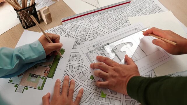 Smart architect and safety engineer discussion about building blueprint on table with architectural document, measurement tools and wooden block scatter around at modern office. Closeup. Delineation.