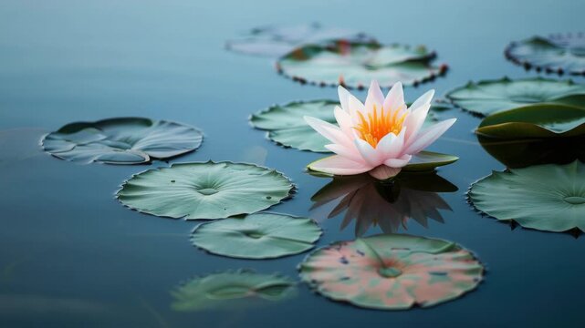Pink lotus flower and green lily pads on calm water
