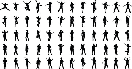Massive collection of diverse people silhouettes set, men and women jumping, celebrating, and standing in various dynamic and confident poses.