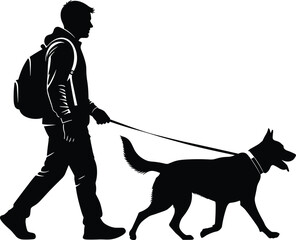 Man with backpack walking large German Shepherd dog on a leash black silhouette vector profile, representing companionship and travel.