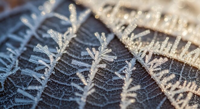 Stunning macro close-up of fern-like ice crystals (frost) forming intricate patterns on a dark surface in winter. Captured during a cold morning with sparkling bokeh light.