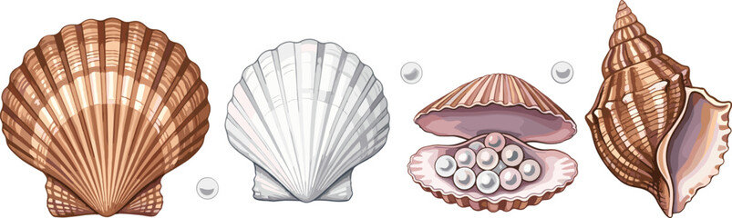 Set of beautiful ocean seashells including conch, scallop, and oyster shell with natural pearls, isolated sea life vector illustration