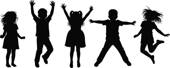 Set of five happy children black silhouettes vector, jumping, dancing, and celebrating with arms raised, representing energy and childhood joy.