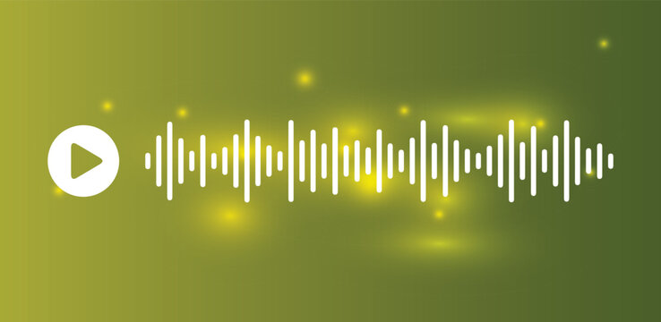 Audio waveform with play button on gradient green background, sound frequency for podcast broadcast