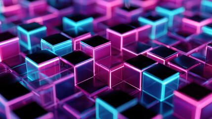 Vibrant neon cubes abstract background with glowing edges