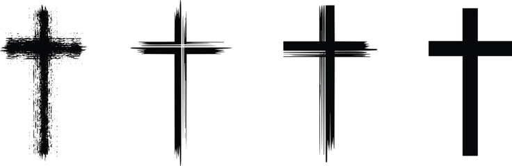 Set of four distressed Christian cross vector icons, featuring grunge, brush stroke, and solid black religious symbols for design.
