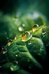 Macro photograph of glistening water droplets resting on a vibrant green leaf surface