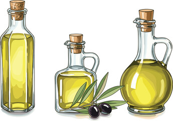 Set of three glass bottles with natural olive oil, cork stoppers, an olive branch, and dark olives, isolated healthy food vector