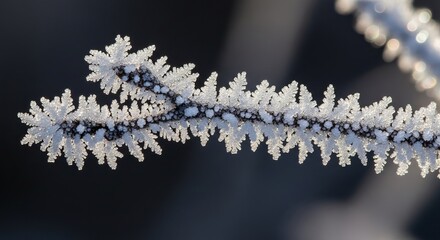 Frostcovered twig with intricate ice crystals against a blurry dark background