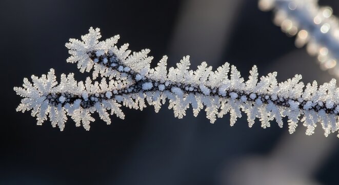 Frostcovered twig with intricate ice crystals against a blurry dark background