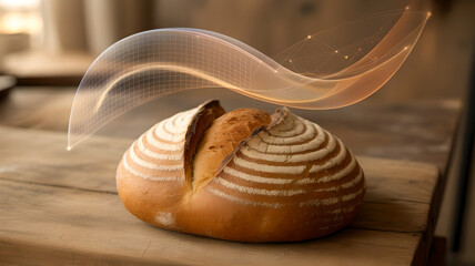 Food Tech Innovation: Artisan Bread with a Futuristic Wavy Data Grid Overlay.