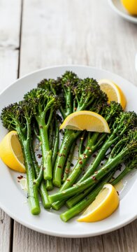 Fresh roasted broccolini with lemon slices on wooden table