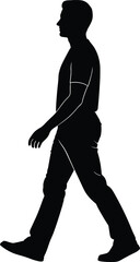 Silhouette of a Man Walking Profile View Black and White Isolated on a White Background Casual Clothing Striding Forward Motion Concept Graphic Element Vector