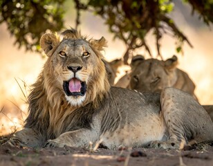 A male lion yawning, with two lionesses resting nearby
